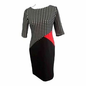 Sandra Darren FLATTERING Stretch Knit Dress Black White Houndstooth Sz 6‎ EUC